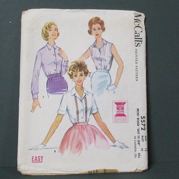 1960 McCall's 5572 Easy Sew Blouses Pattern Sz 12